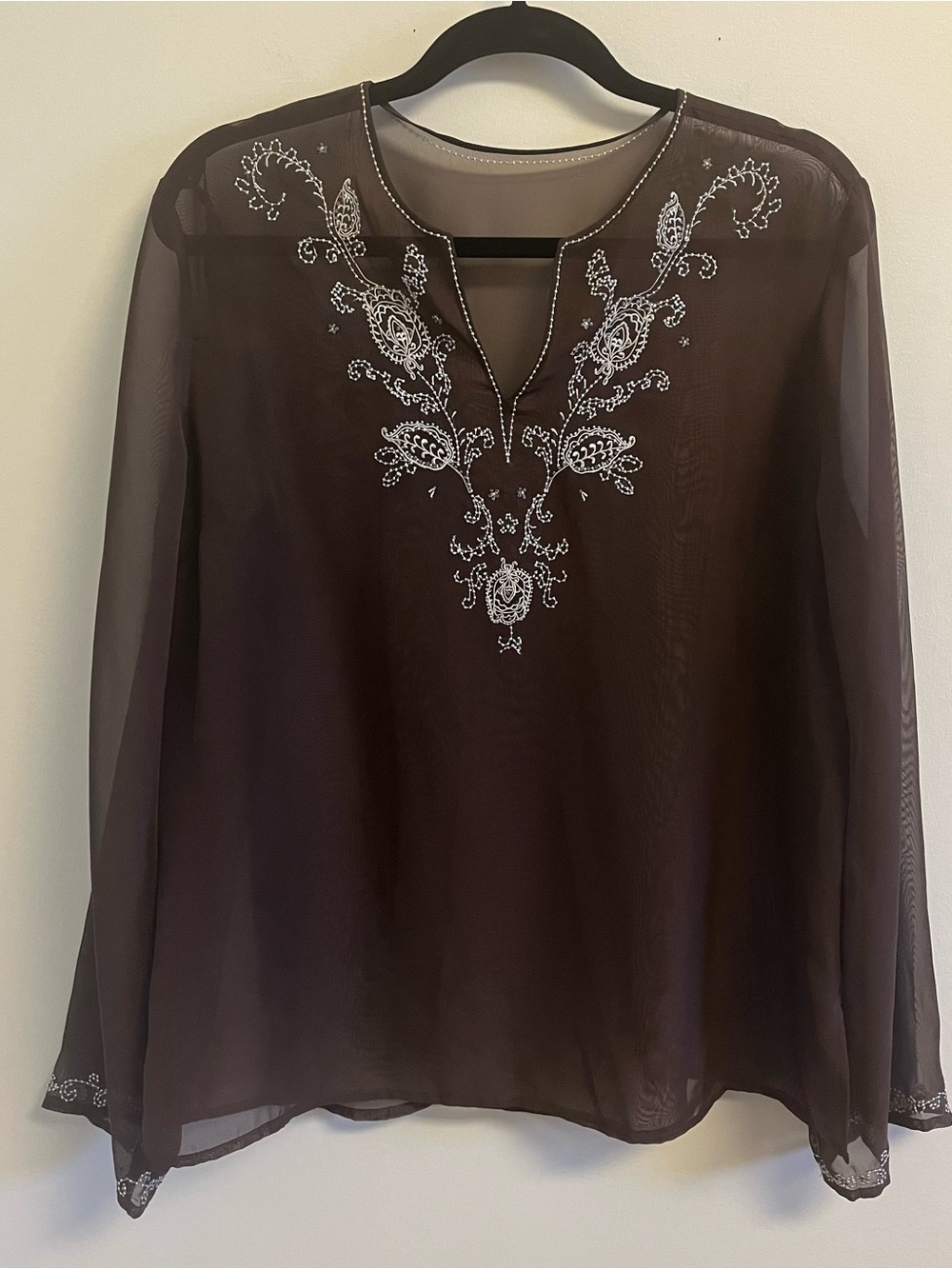 Womens Sheer Boho Resort Coverup Brown Embroidered Fairy Festival Flowy OS